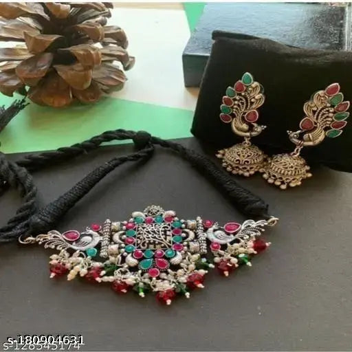 Tehzeeb Creations Women's Oxidised Multi Colour Meenakari Necklace Set - Swadesiicart