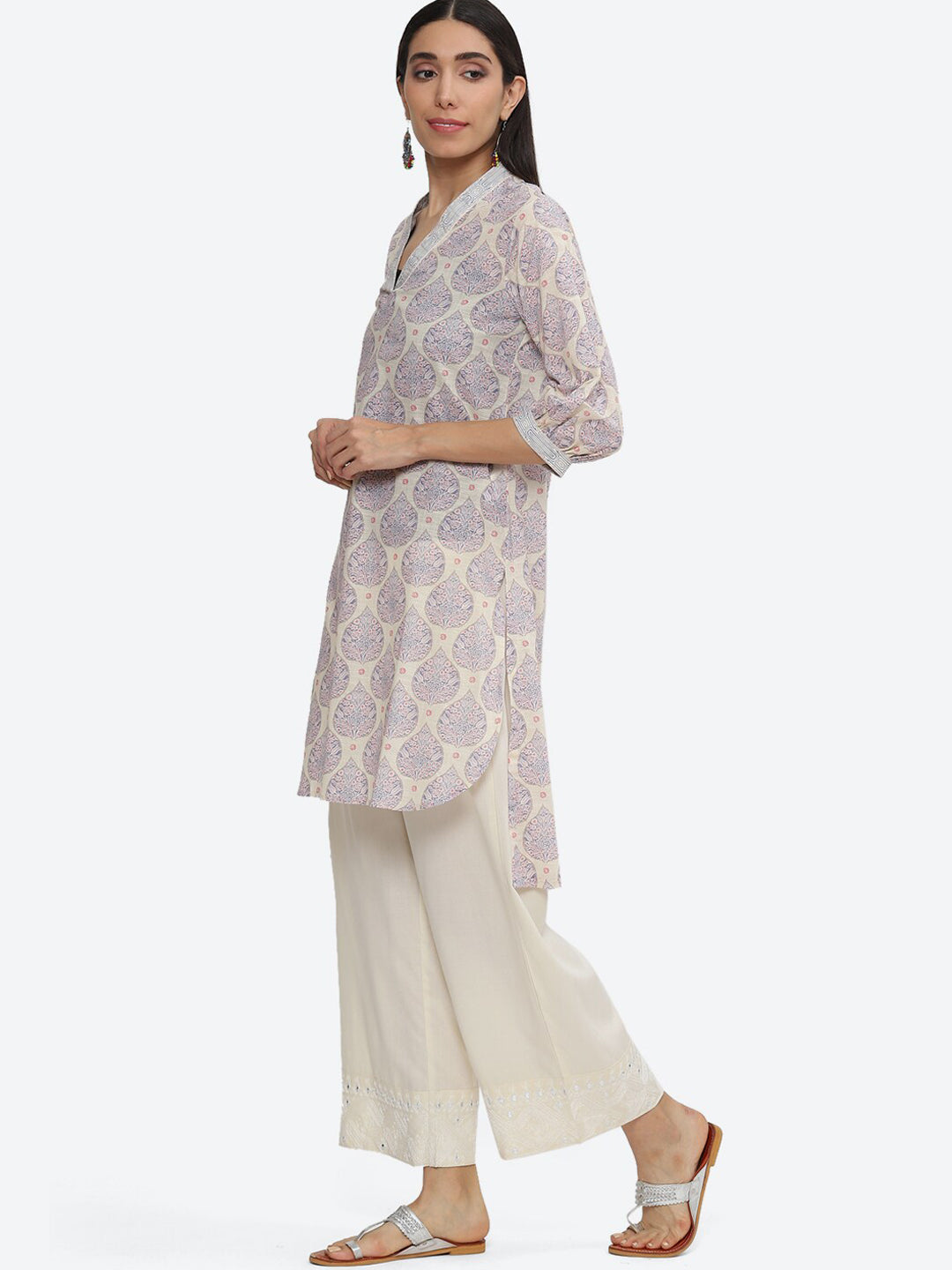 Biba V-Neck Ethnic Motifs Printed Pure Cotton Kurta - Swadesiicart