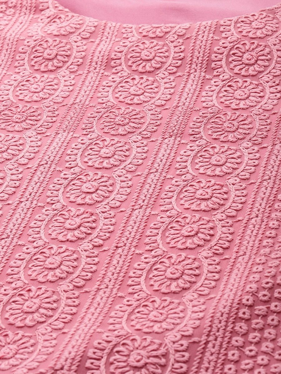 Anouk Women Pink Chikankari Embroidered Kurta with Palazzos | Swadesiicart