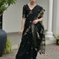 Vishnu Weaves Women's Black Linen Silk Zari Weaving Saree with Blouse - Swadesiicart