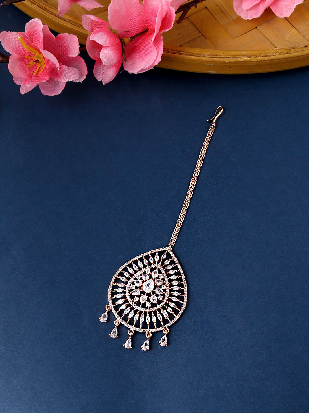 Yellow Chimes Rose Gold-Polished Ad Stone-Studded Maang Tikka | Swadesiicart