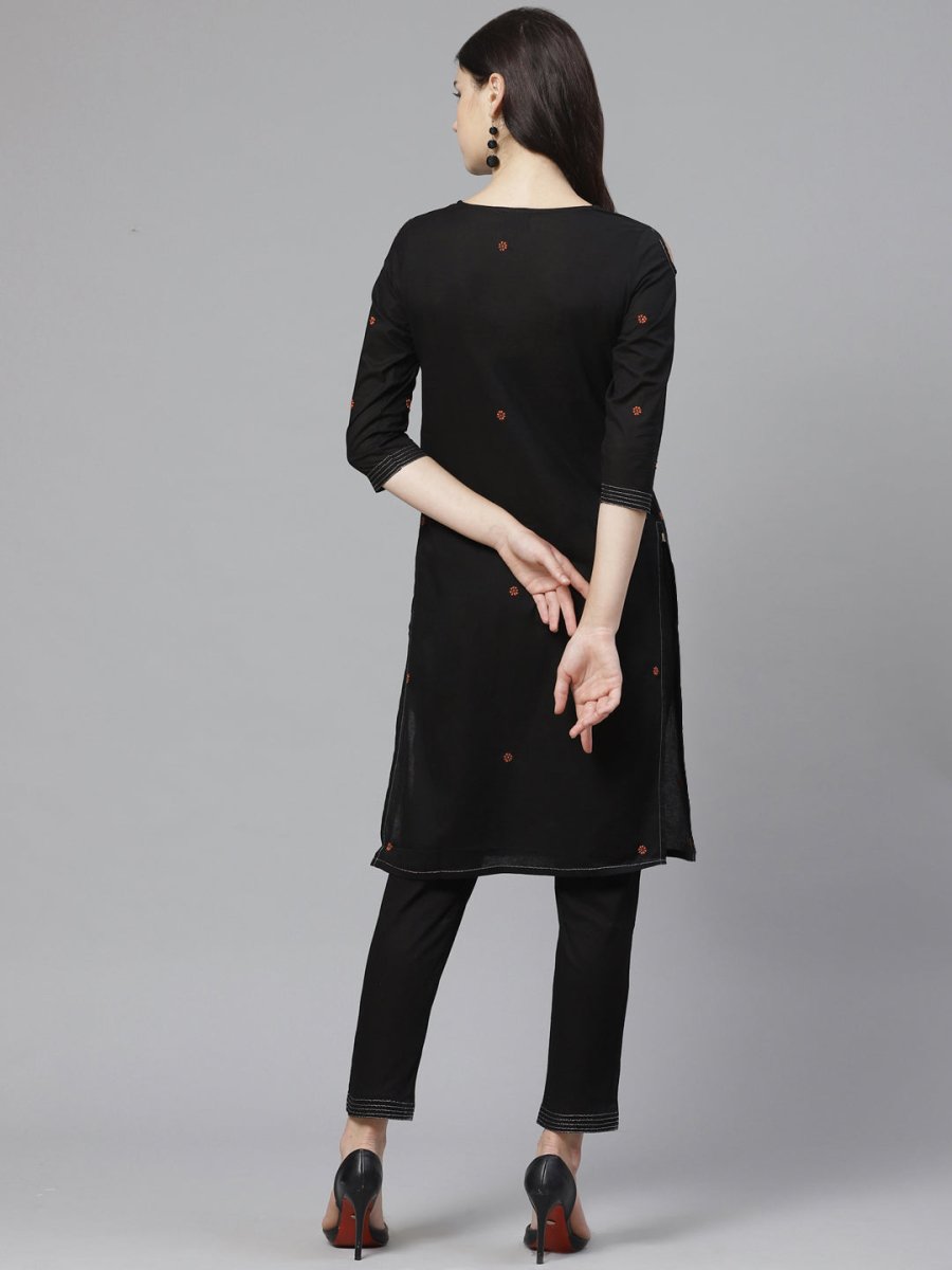 ADA Women Black & Rust Orange Chikankari Embroidered Sustainable Handloom Kurta with Trousers | Swadesiicart