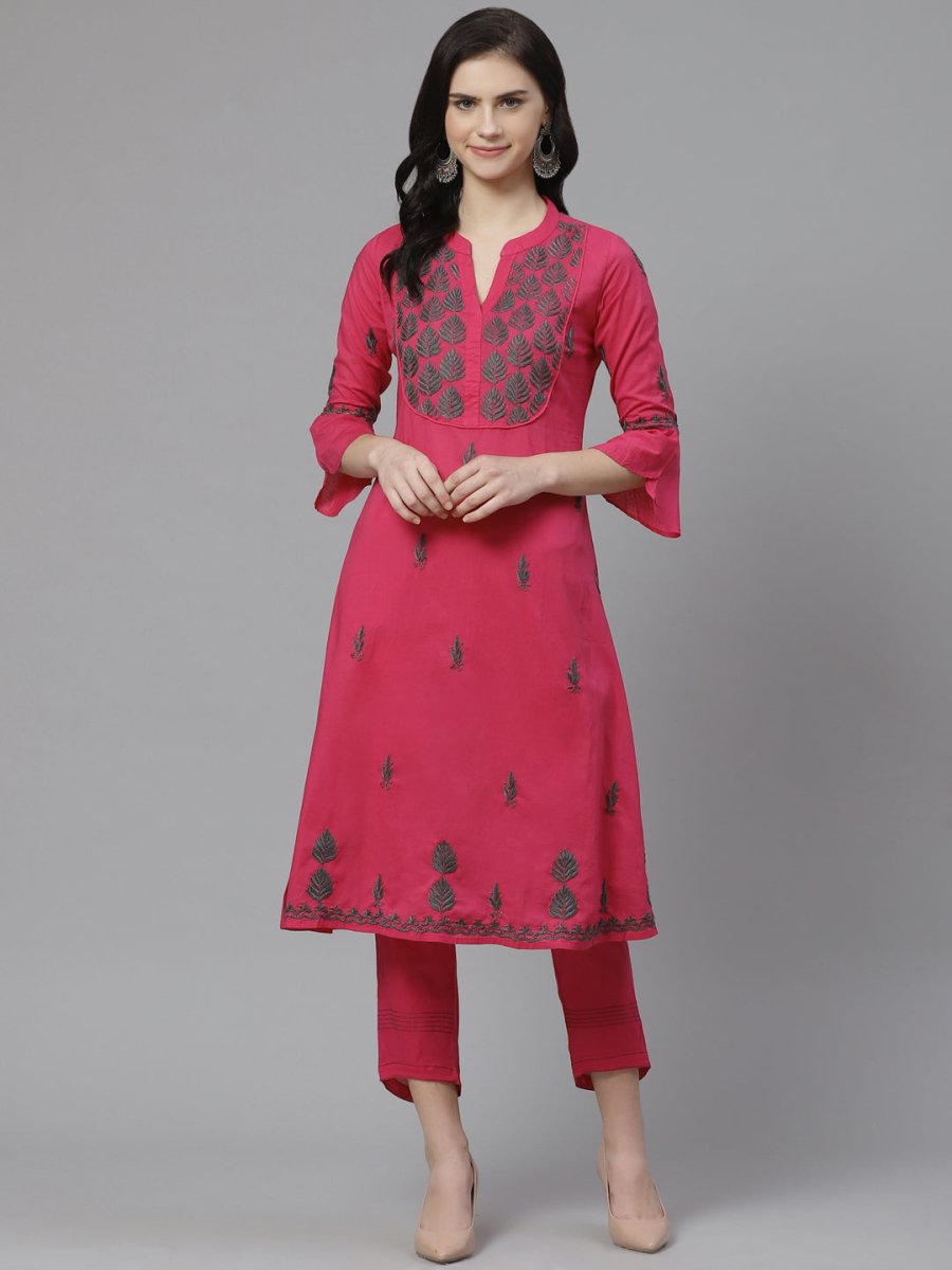 ADA Women Pink & Charcoal Grey Chikankari Embroidered Sustainable Handloom Kurta with Trousers | Swadesiicart