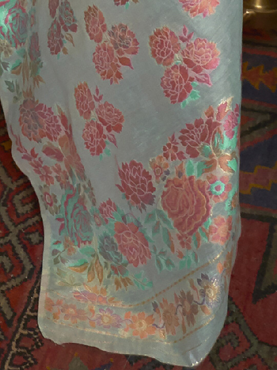 Mitera Turquoise Blue & Pink Floral Zari Silk Blend Banarasi Saree | Swadesiicart