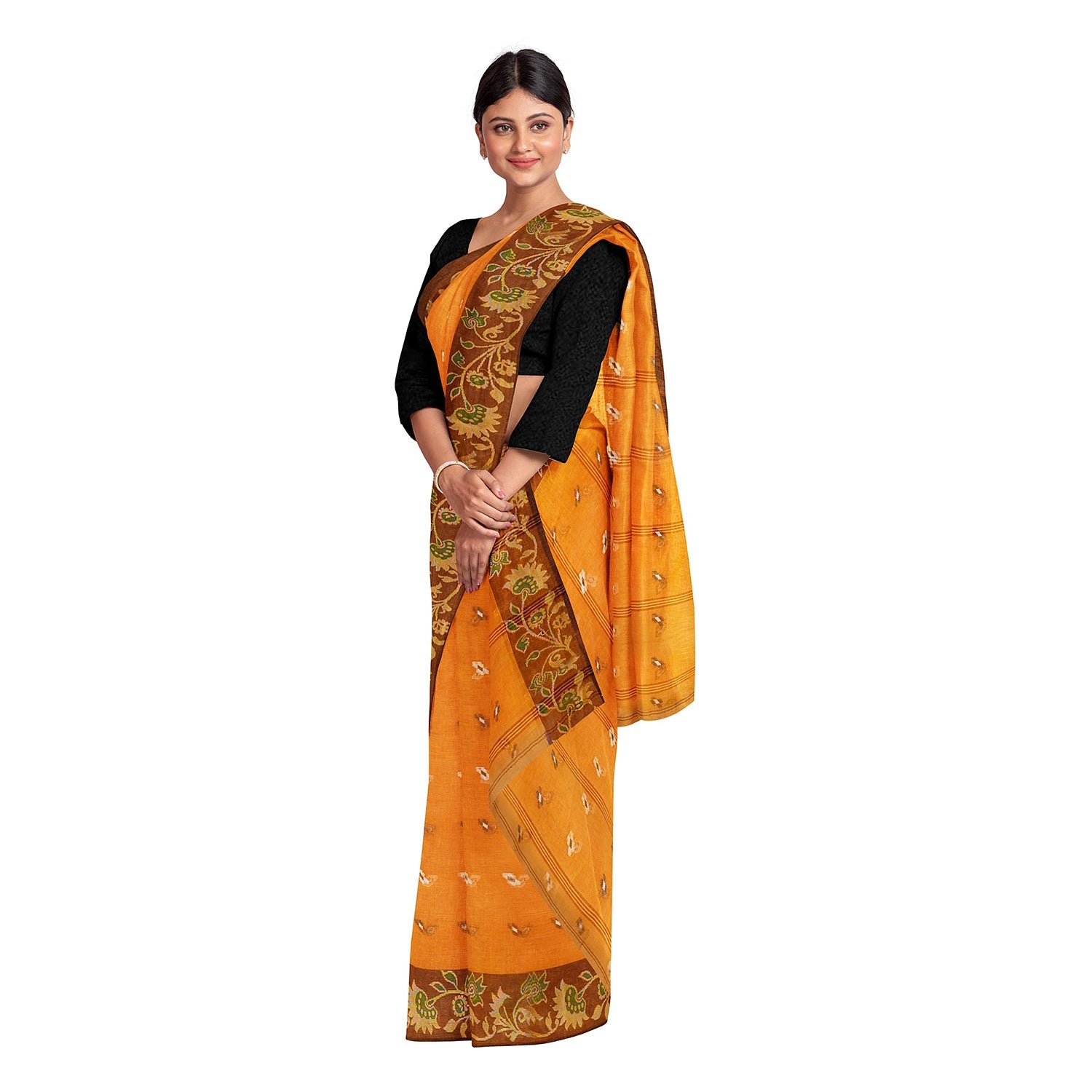 Exclusive Collection 100% Pure Cotton Musturd Tant Saree With Hand Weaving Work - Swadesiicart