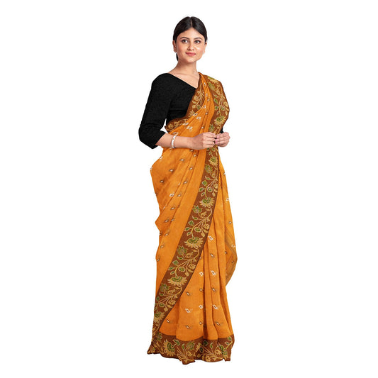 Exclusive Collection 100% Pure Cotton Musturd Tant Saree With Hand Weaving Work - Swadesiicart