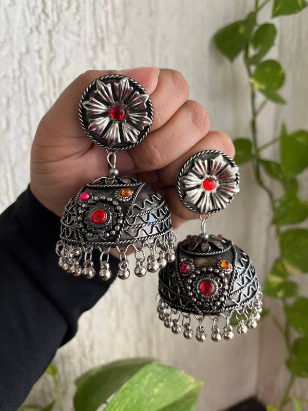 Tehzeeb Creations Women's Oxidised Bareilly Wali Jhumki With Multi Kundan | Swadesiicart