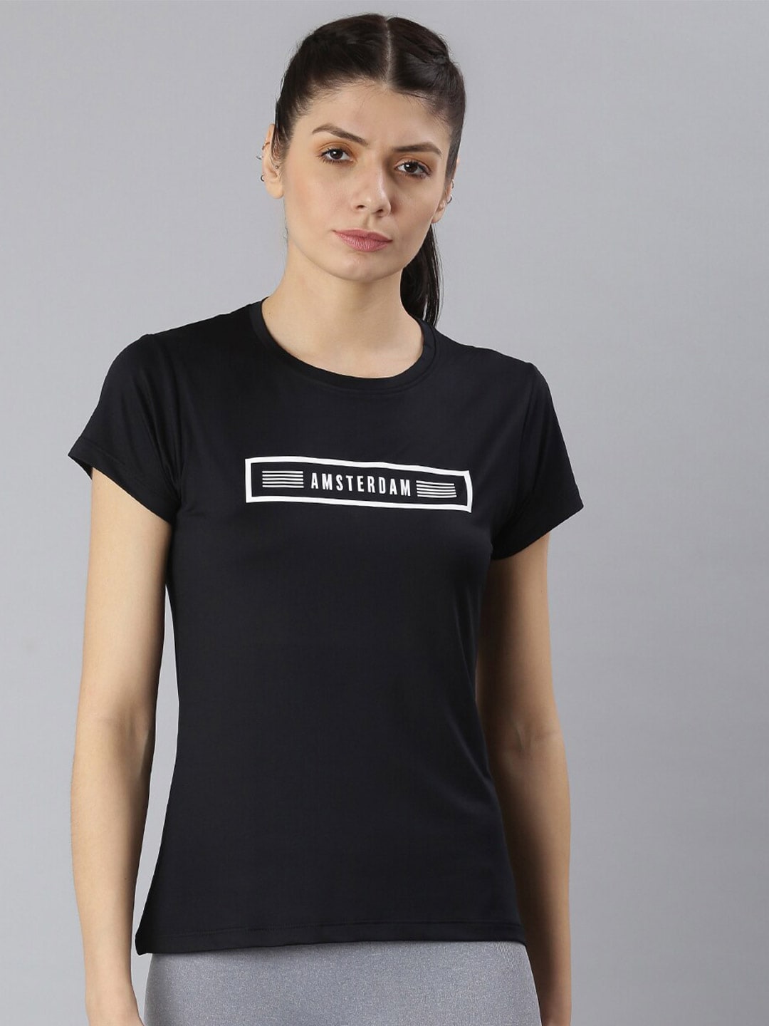 MKH Women Black Typography Printed Round Neck Dri-FIT T-shirt - Swadesiicart