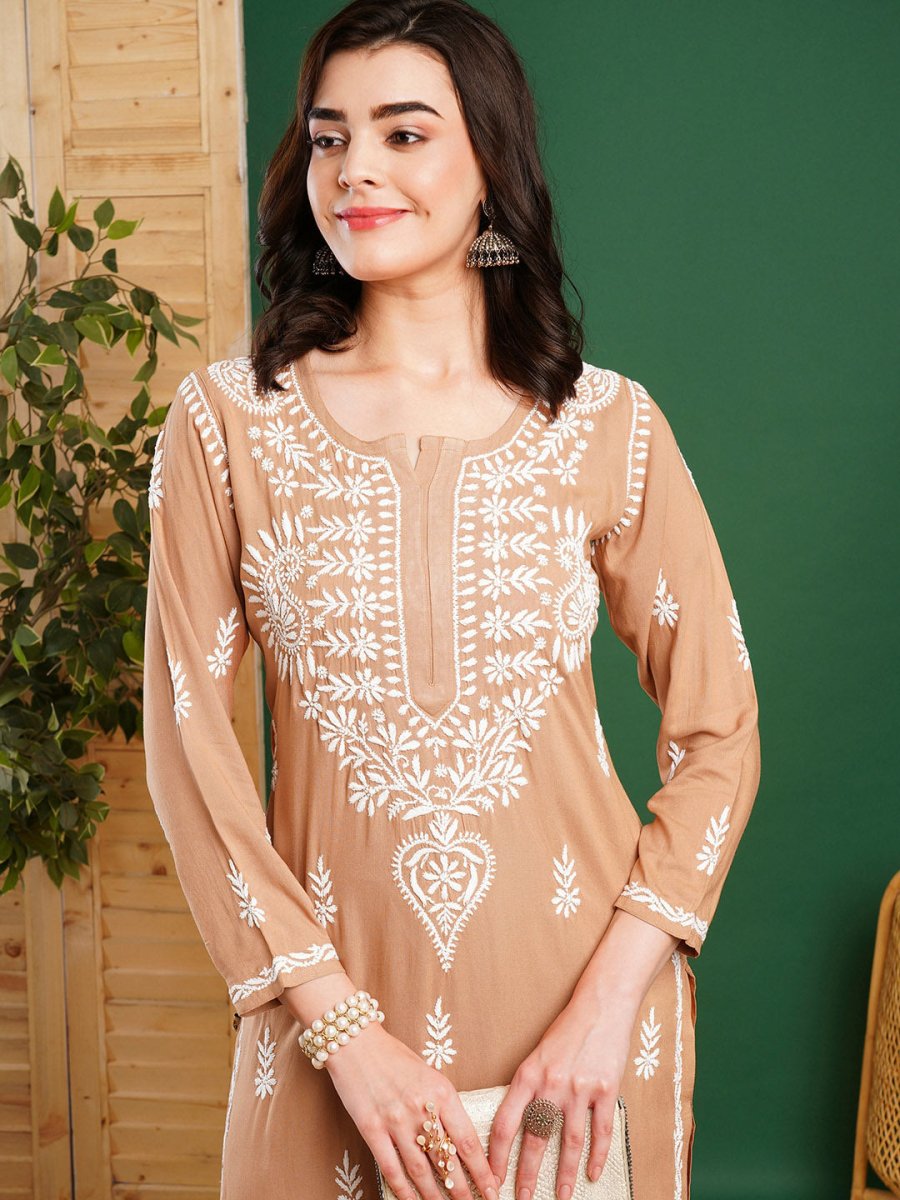 ADA Ethnic Motifs Embroidered Chikankari Kurta with Trousers | Swadesiicart