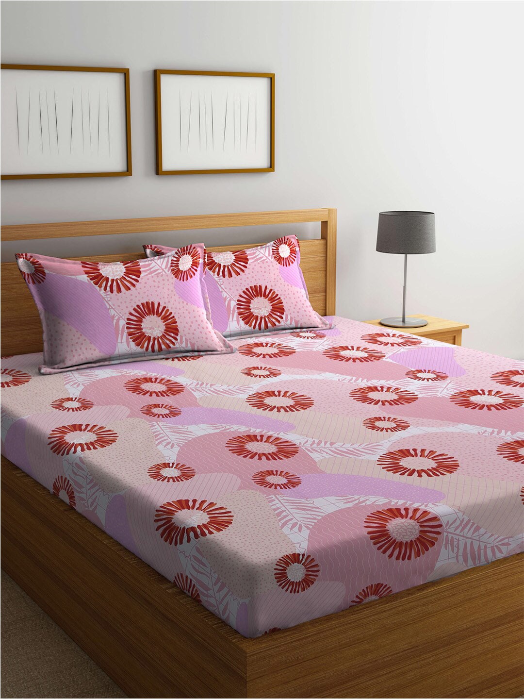 BOMBAY DYEING Serenita Pink Printed Cotton 144 TC Queen Bedsheet with 2 Pillow Covers - Swadesiicart
