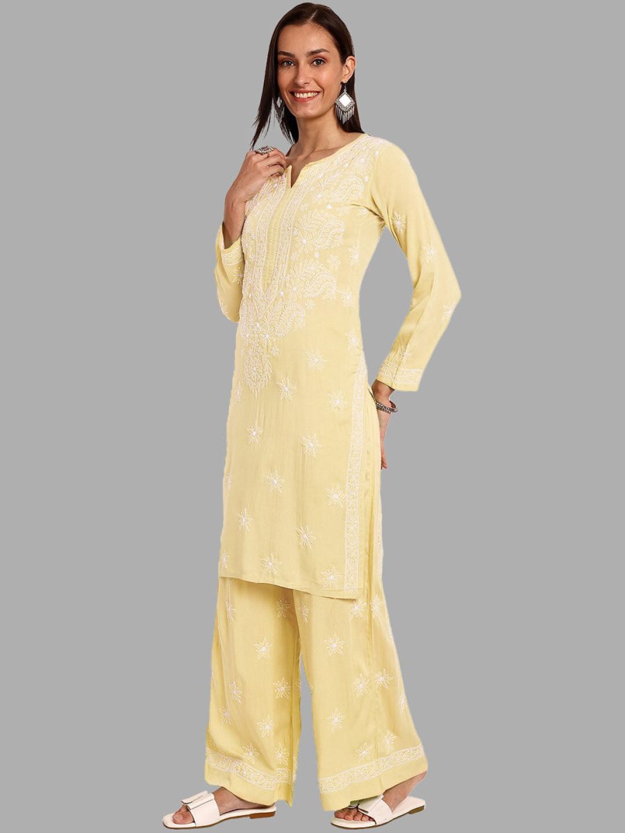 ADA Ethnic Motifs Embroidered Chikankari Straight Kurta with Palazzos | Swadesiicart