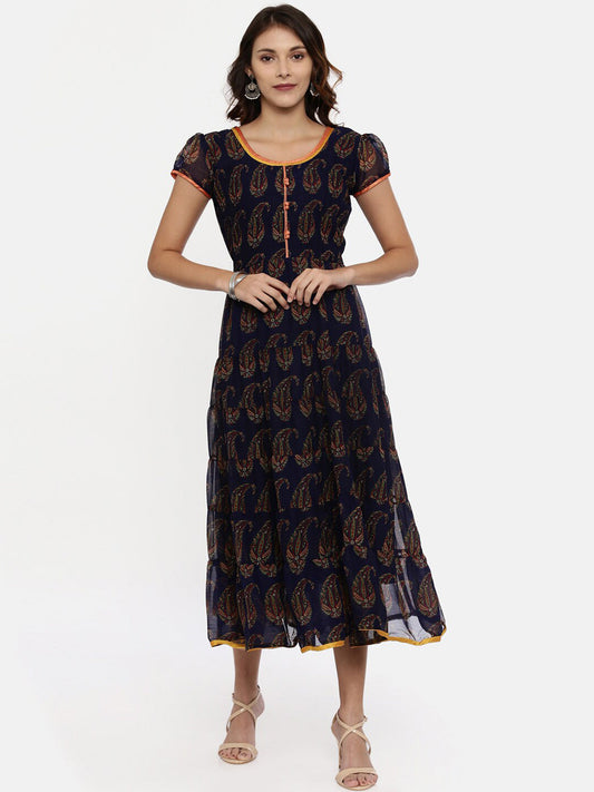 Souchii Women Navy Blue Printed Fit And Flare Dress - SOUCHII