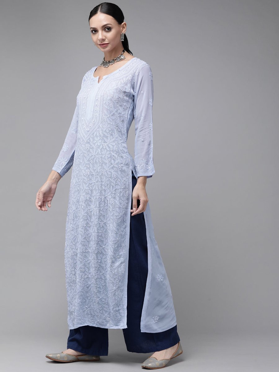 ADA Women Blue & Blue Ethnic Motifs Embroidered Chikankari Georgette Kurta | Swadesiicart