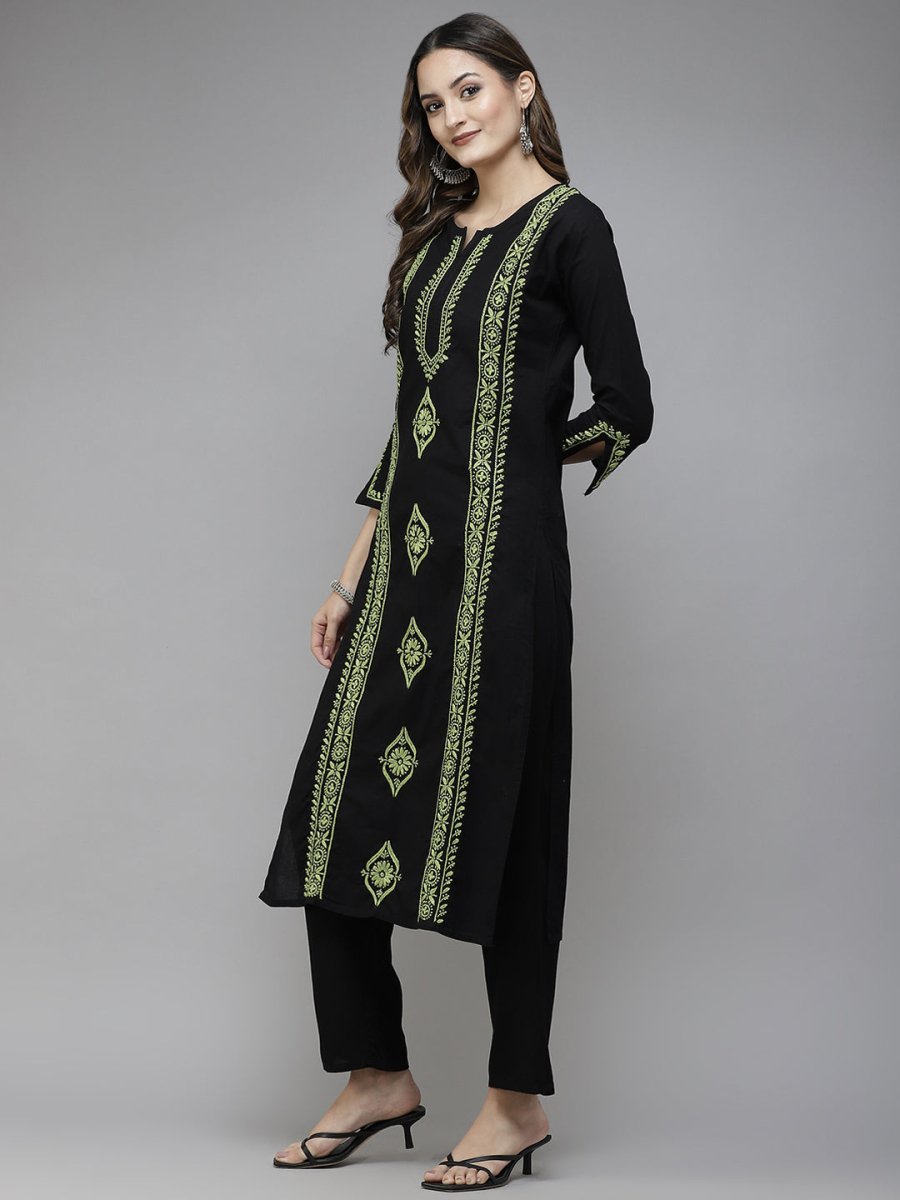 ADA Women Black & Green Ethnic Motifs Embroidered Chikankari Handloom Handloom Kurta | Swadesiicart