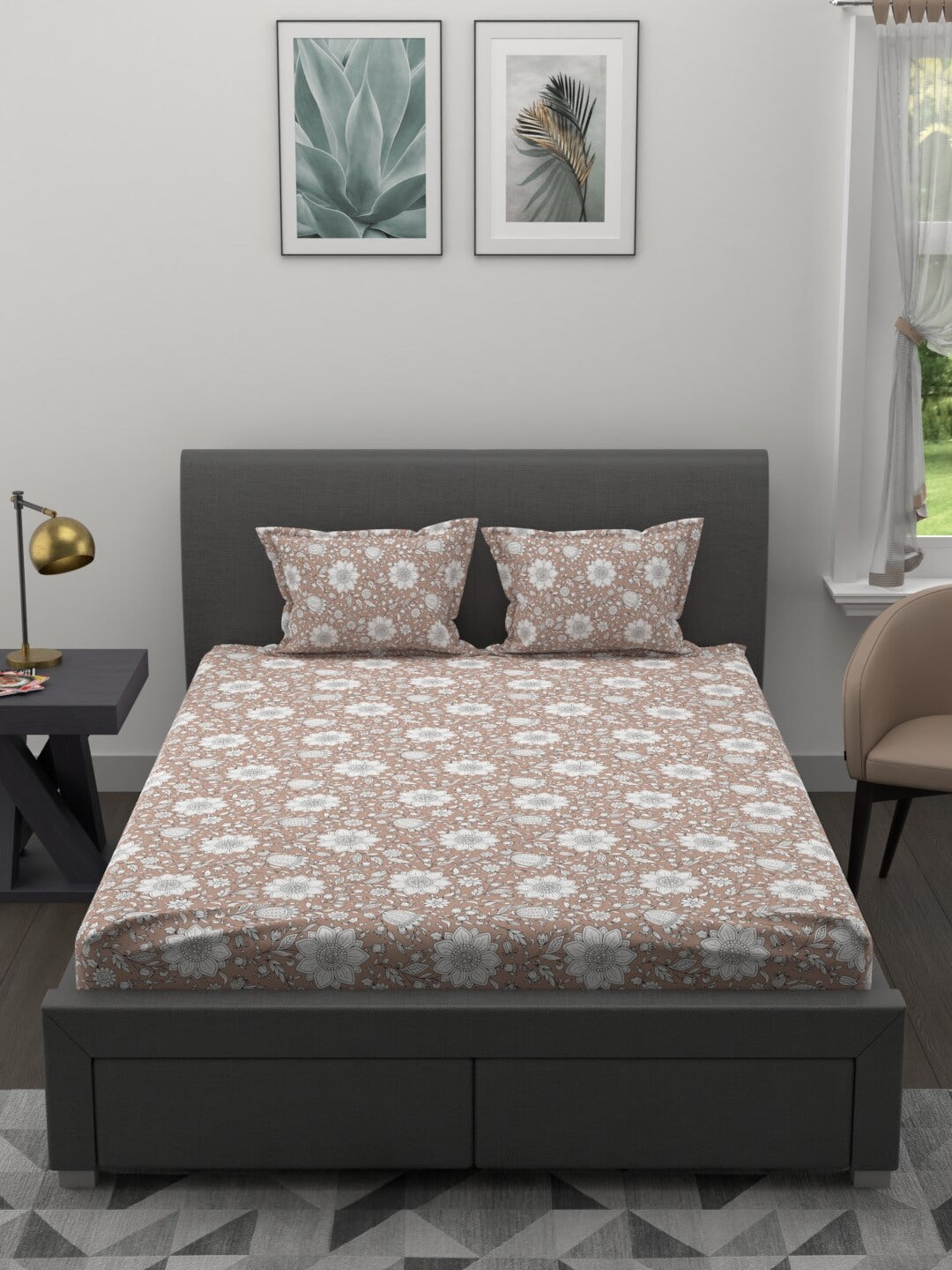 MYTRIDENT Brown White Ethnic Motifs 200 TC Cotton 1 King Bedsheet with 2 Pillow Covers - Swadesiicart