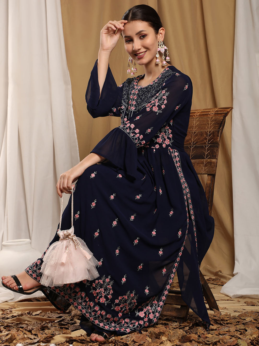 Kalini Floral Embroidered Kurta With Sharara | Swadesiicart