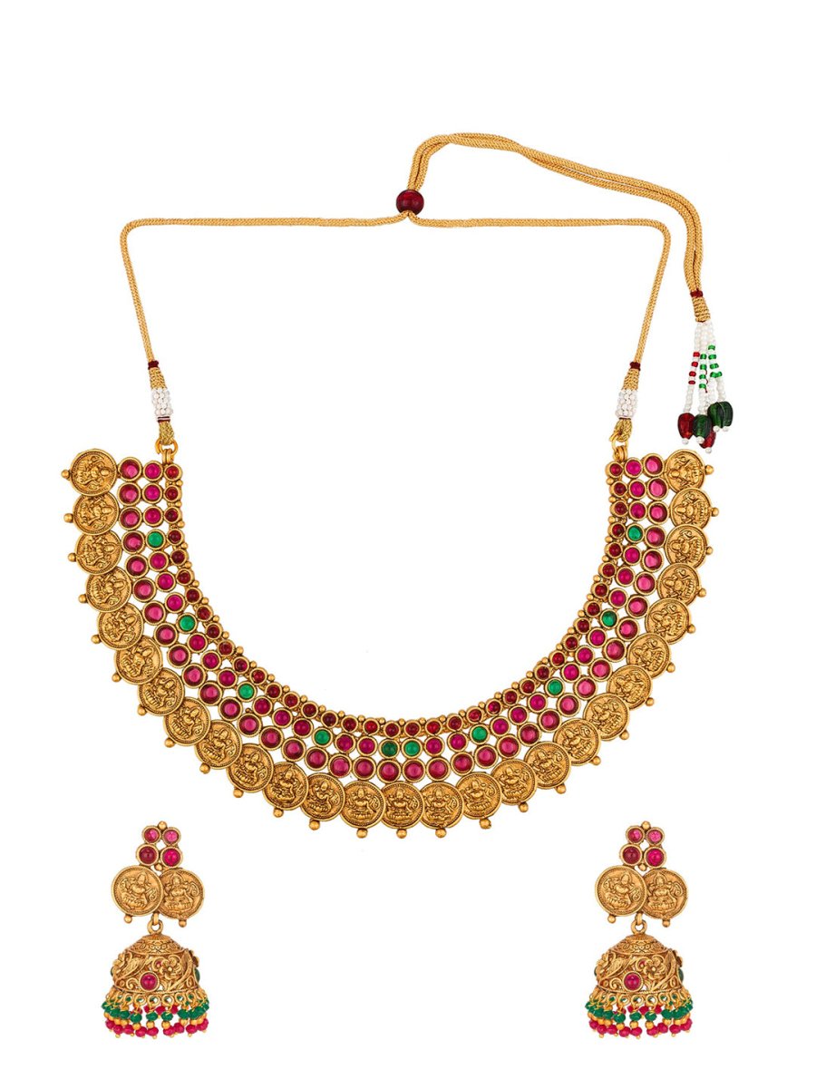 Aadita Gold-Polished & Pink Stone Studded Handcrafted Jewellery Set - Swadesiicart
