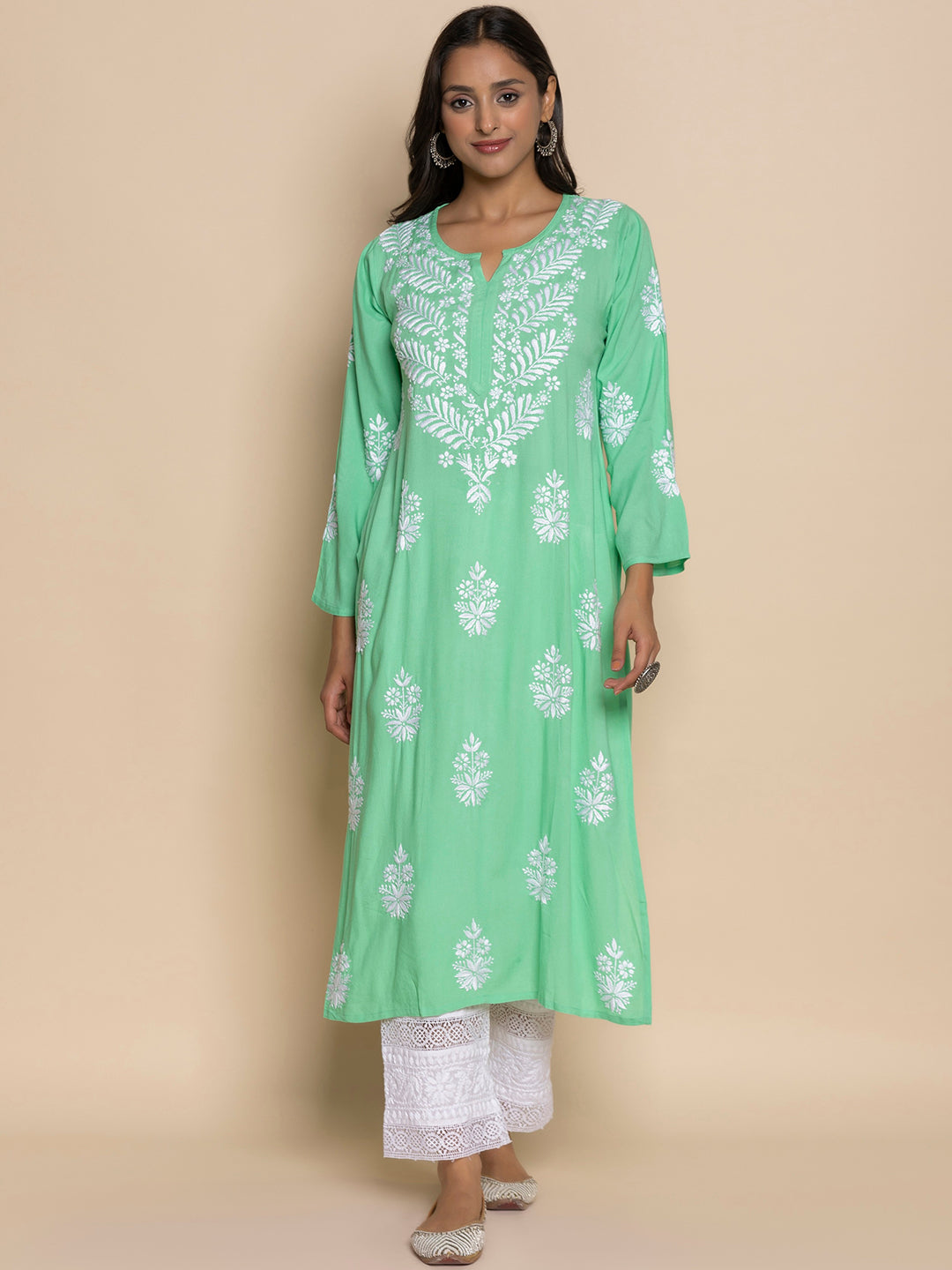 HOUSE OF KARI Floral Embroidered Chikankari A-Line Kurta | Swadesiicart