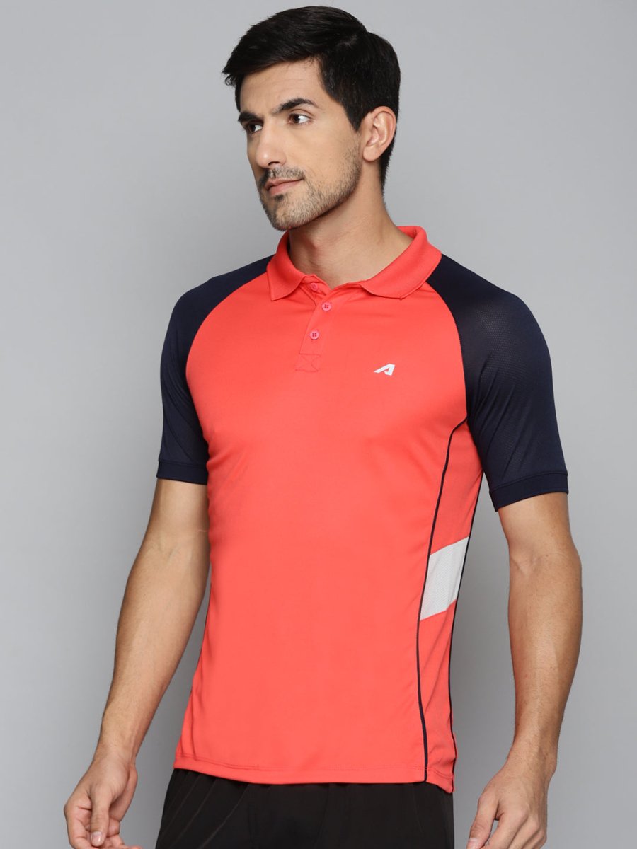 Alcis Men Red & Navy Blue Colourblocked Polo Collar Slim Fit Running T-shirt | Swadesiicart