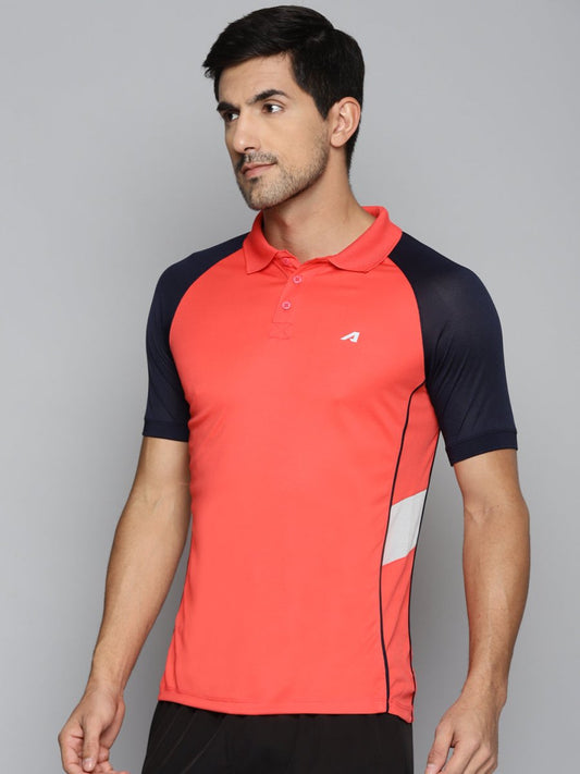 Alcis Men Red & Navy Blue Colourblocked Polo Collar Slim Fit Running T-shirt | Swadesiicart