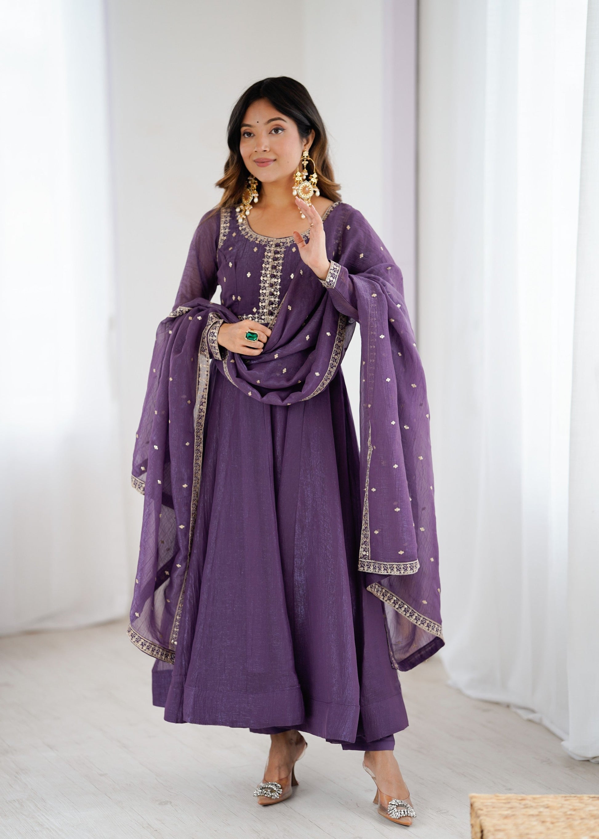 Lorenvalley Fashion Lavender Pure Crunchy Silk Embroidery Sequence Dori and zari Work Anarkali Gown Pant with Dupatta Set | Swadesiicart