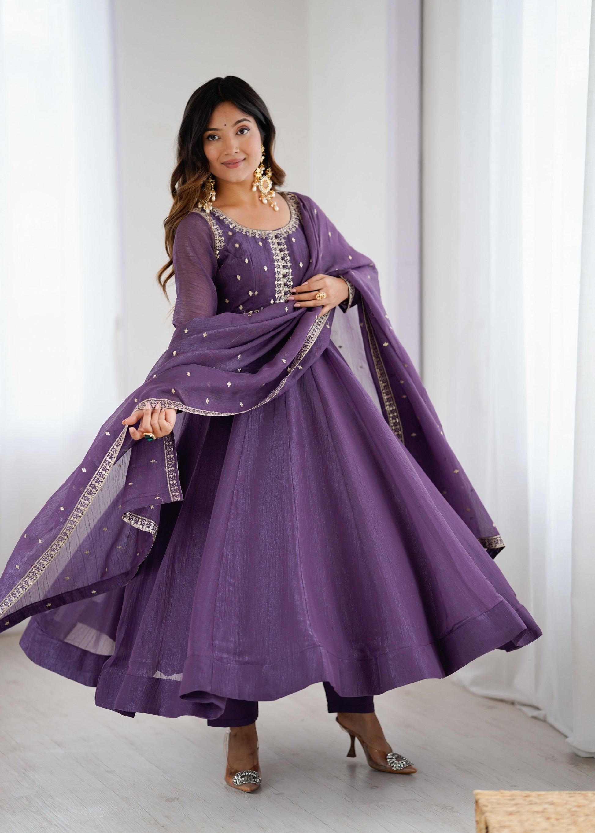 Lorenvalley Fashion Lavender Pure Crunchy Silk Embroidery Sequence Dori and zari Work Anarkali Gown Pant with Dupatta Set | Swadesiicart