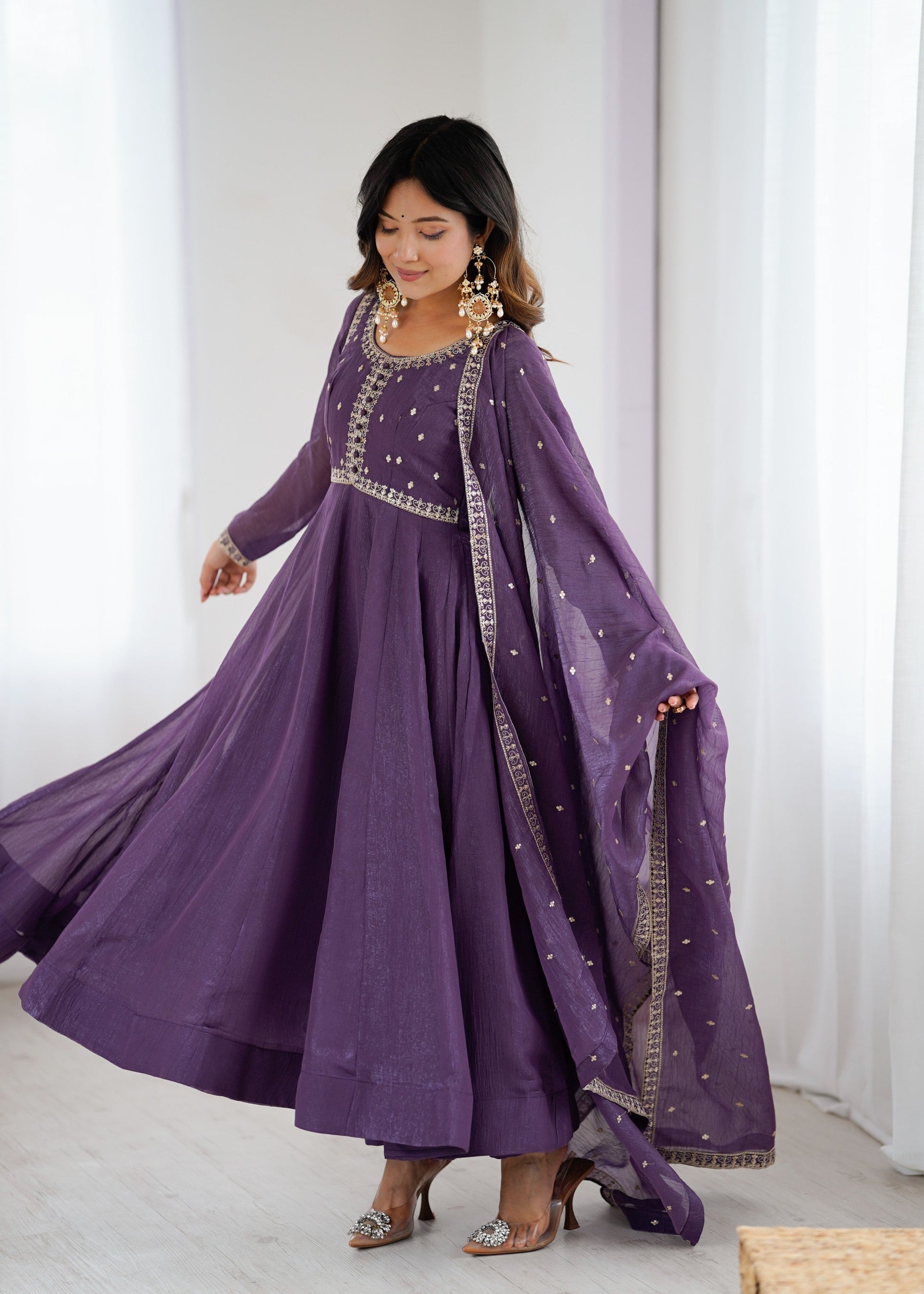 Lorenvalley Fashion Lavender Pure Crunchy Silk Embroidery Sequence Dori and zari Work Anarkali Gown Pant with Dupatta Set | Swadesiicart