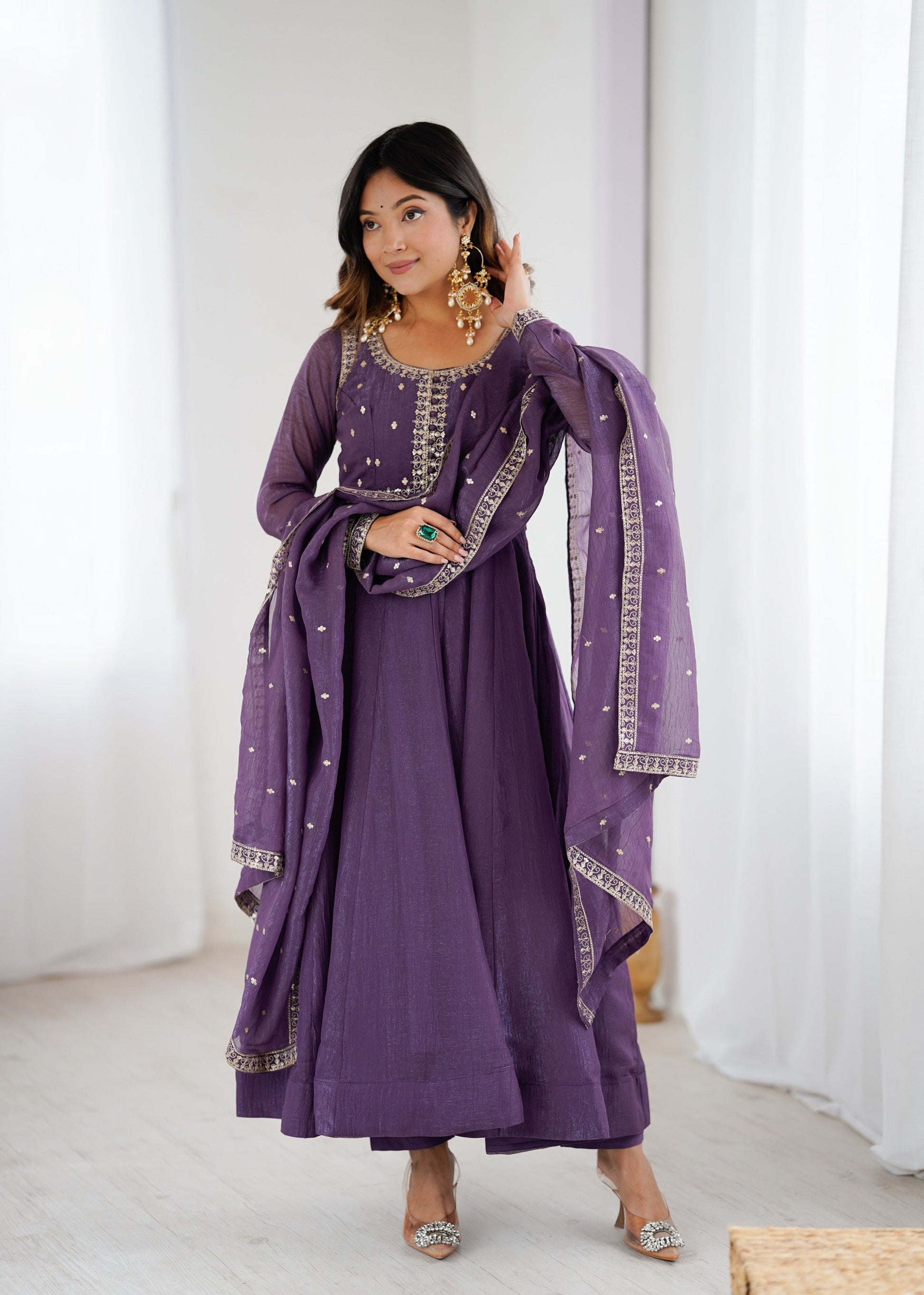 Lorenvalley Fashion Lavender Pure Crunchy Silk Embroidery Sequence Dori and zari Work Anarkali Gown Pant with Dupatta Set | Swadesiicart