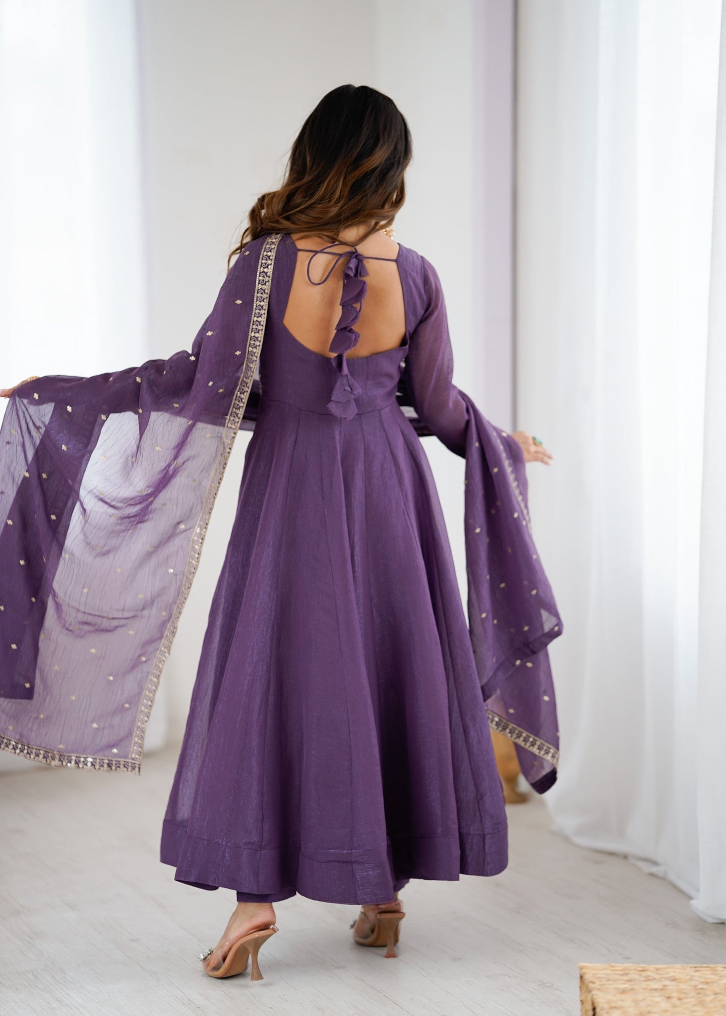 Lorenvalley Fashion Lavender Pure Crunchy Silk Embroidery Sequence Dori and zari Work Anarkali Gown Pant with Dupatta Set | Swadesiicart