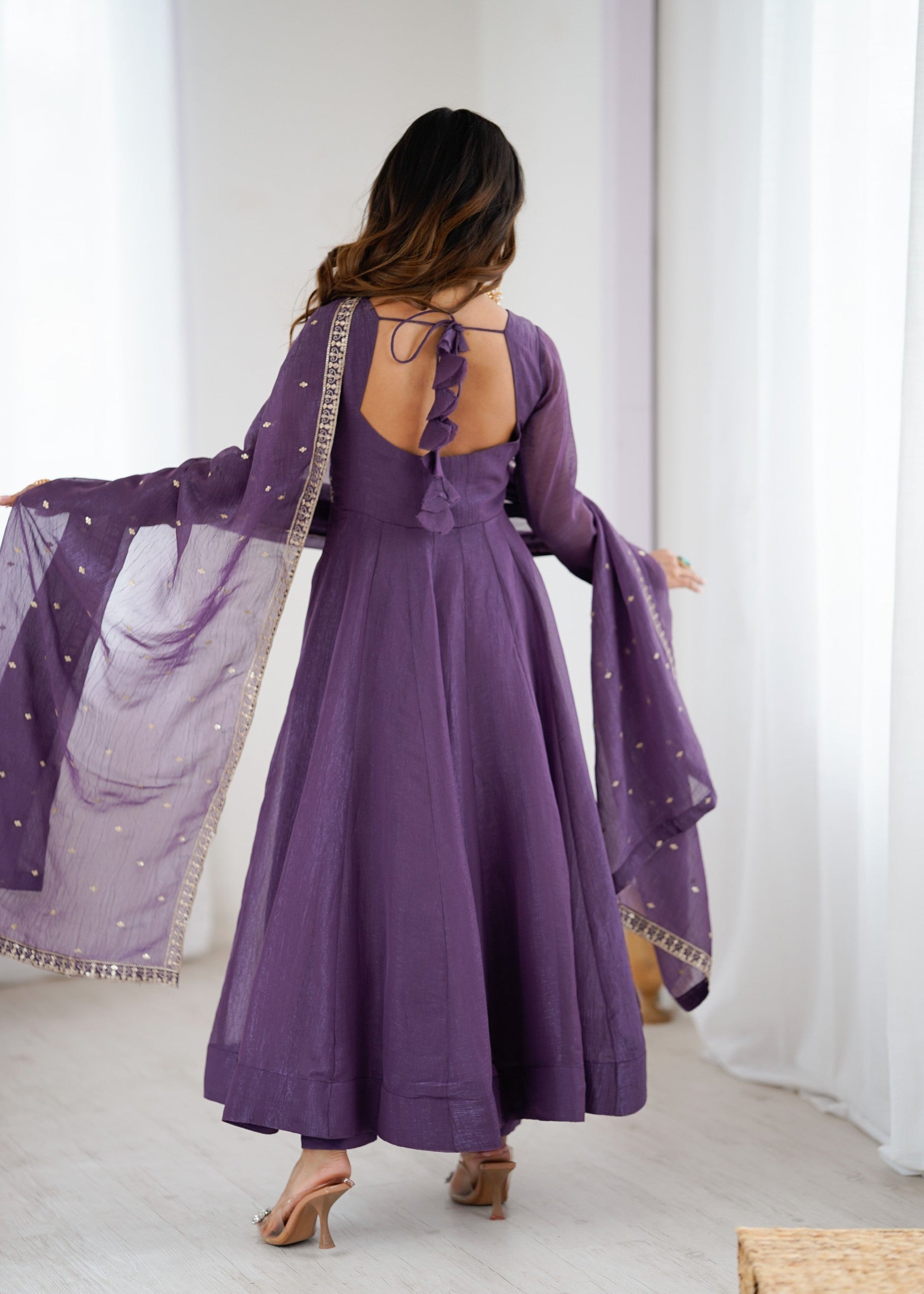Lorenvalley Fashion Lavender Pure Crunchy Silk Embroidery Sequence Dori and zari Work Anarkali Gown Pant with Dupatta Set | Swadesiicart