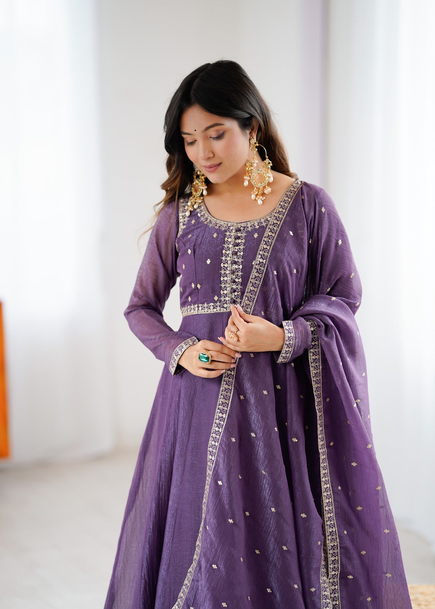 Lorenvalley Fashion Lavender Pure Crunchy Silk Embroidery Sequence Dori and zari Work Anarkali Gown Pant with Dupatta Set | Swadesiicart