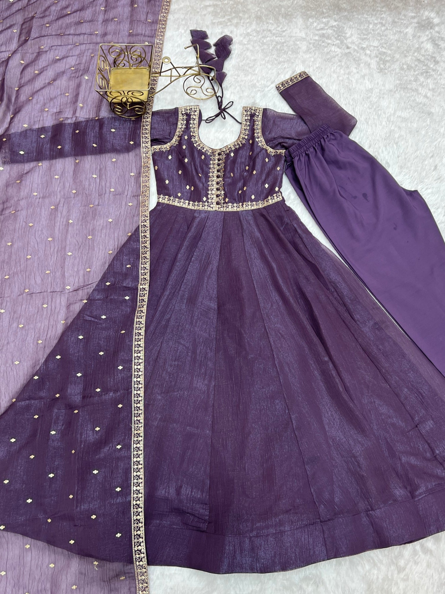 Lorenvalley Fashion Lavender Pure Crunchy Silk Embroidery Sequence Dori and zari Work Anarkali Gown Pant with Dupatta Set | Swadesiicart