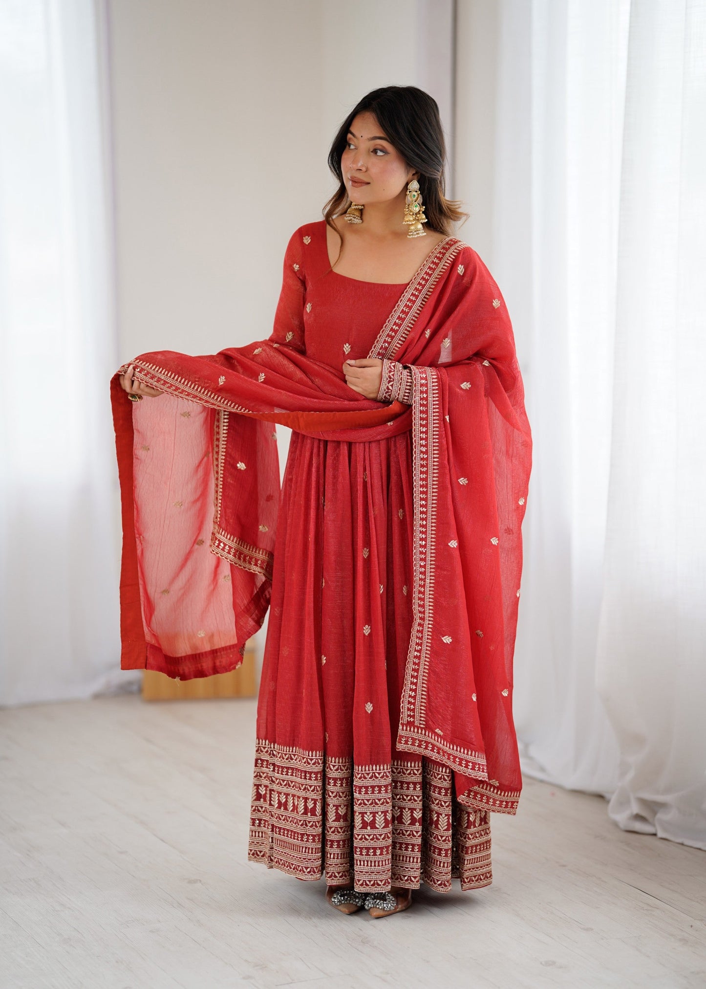 Lorenvalley Fashion Rust Crunchy Silk Embroidery Jari and Sequence Work Anarkali Gown with Dupatta - Swadesiicart