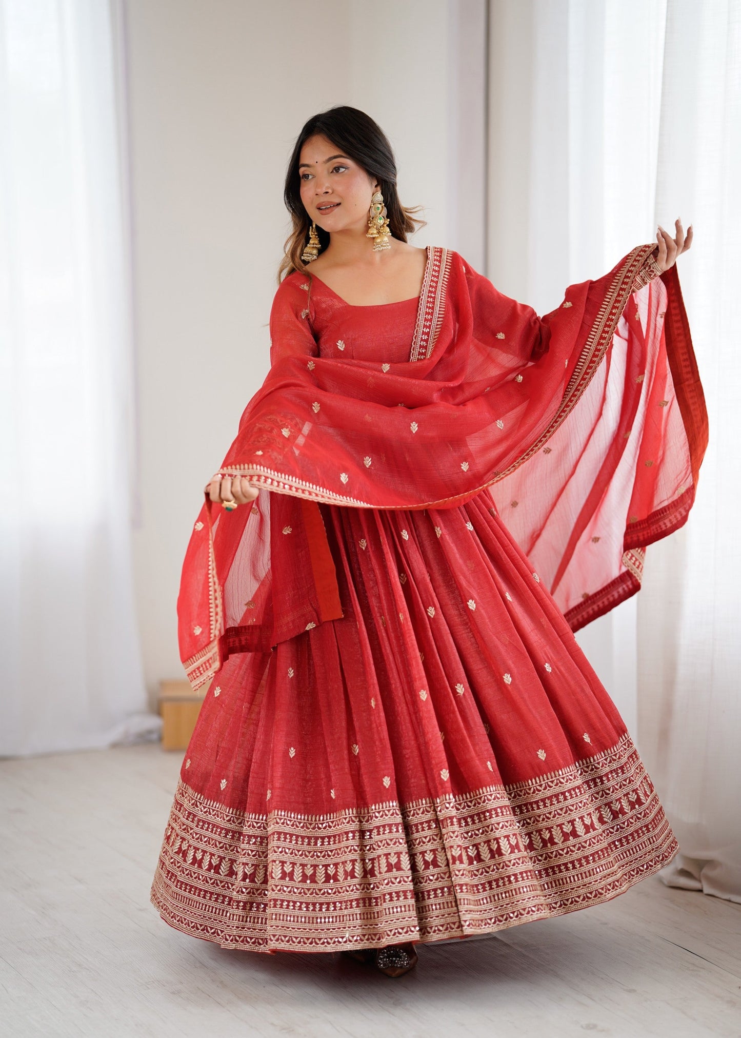 Lorenvalley Fashion Rust Crunchy Silk Embroidery Jari and Sequence Work Anarkali Gown with Dupatta - Swadesiicart
