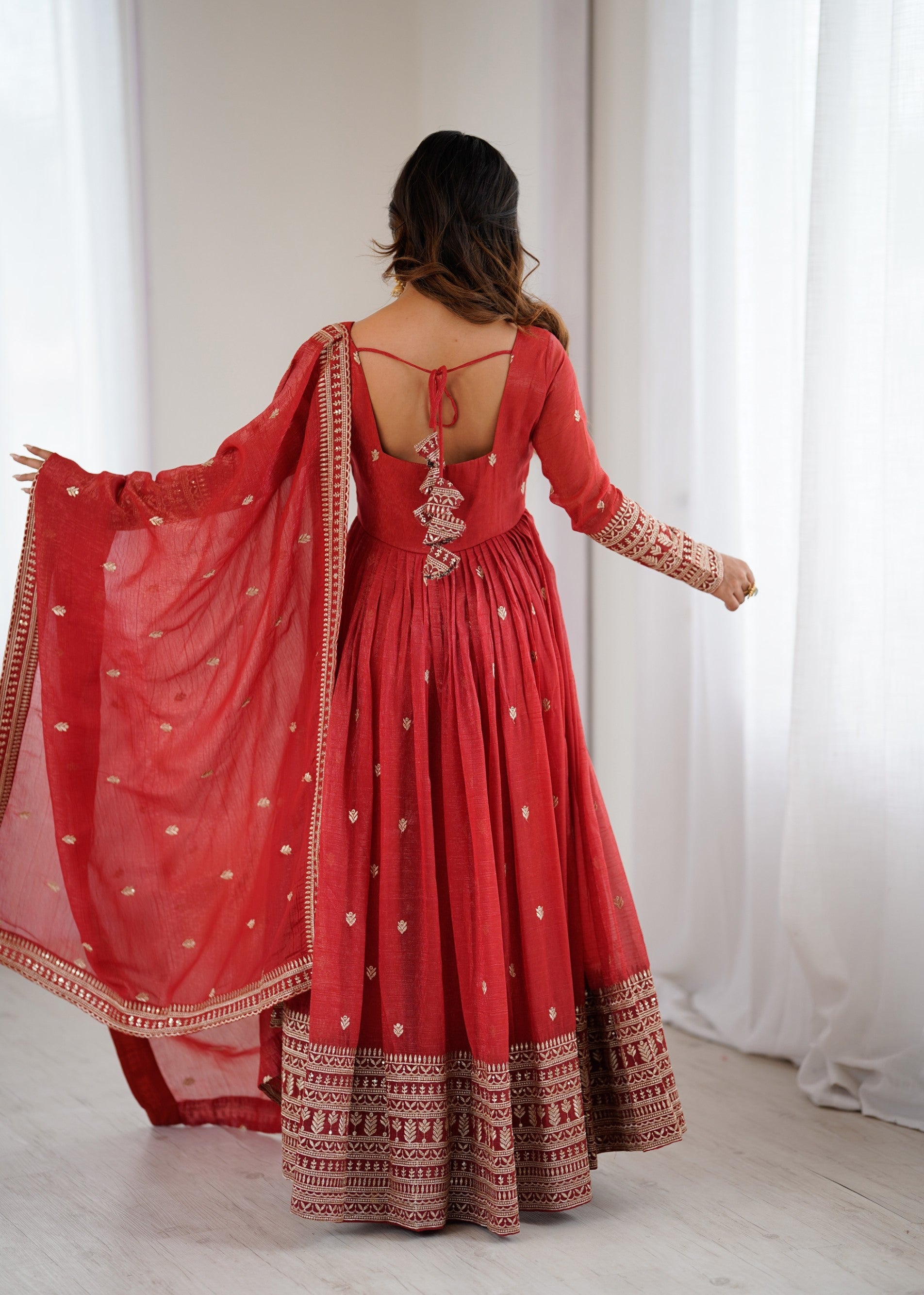 Lorenvalley Fashion Rust Crunchy Silk Embroidery Jari and Sequence Work Anarkali Gown with Dupatta - Swadesiicart