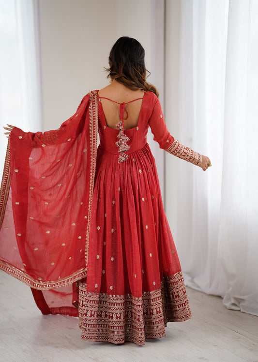 Lorenvalley Fashion Rust Crunchy Silk Embroidery Jari and Sequence Work Anarkali Gown with Dupatta - Swadesiicart