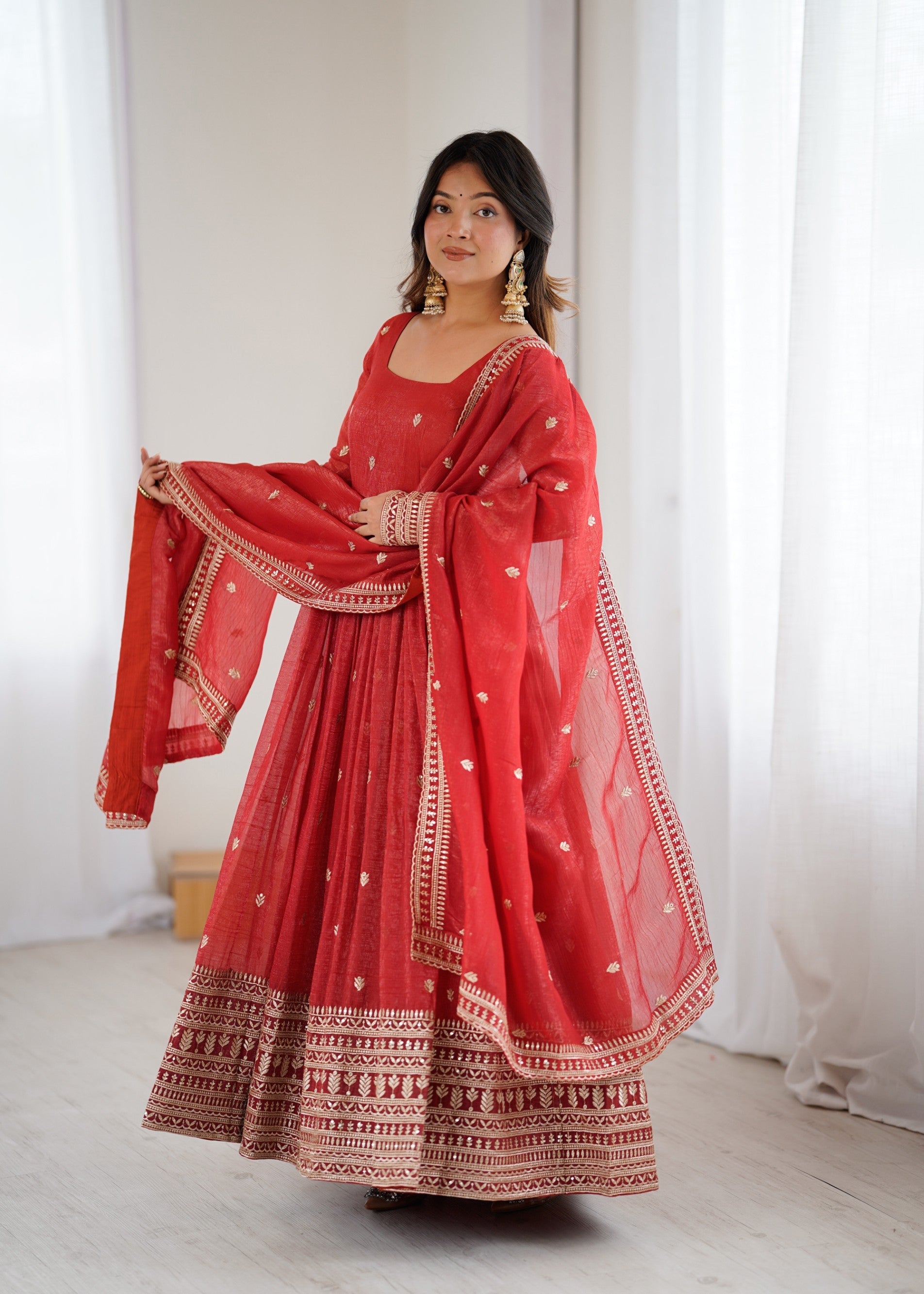 Lorenvalley Fashion Rust Crunchy Silk Embroidery Jari and Sequence Work Anarkali Gown with Dupatta - Swadesiicart