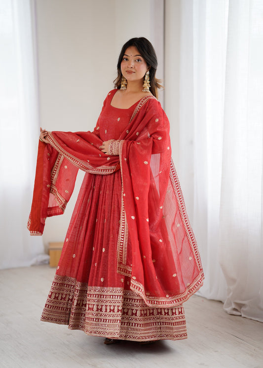 Lorenvalley Fashion Rust Crunchy Silk Embroidery Jari and Sequence Work Anarkali Gown with Dupatta - Swadesiicart