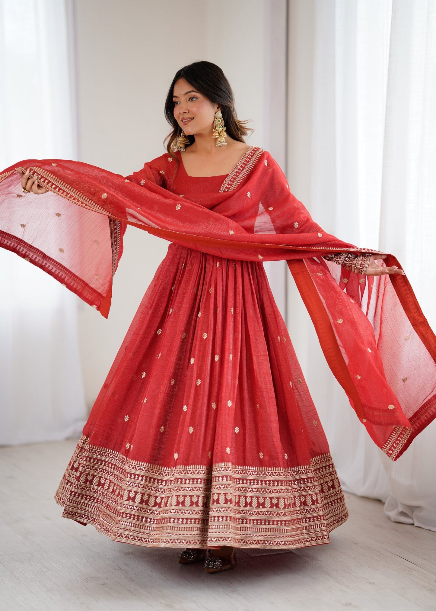 Lorenvalley Fashion Rust Crunchy Silk Embroidery Jari and Sequence Work Anarkali Gown with Dupatta - Swadesiicart
