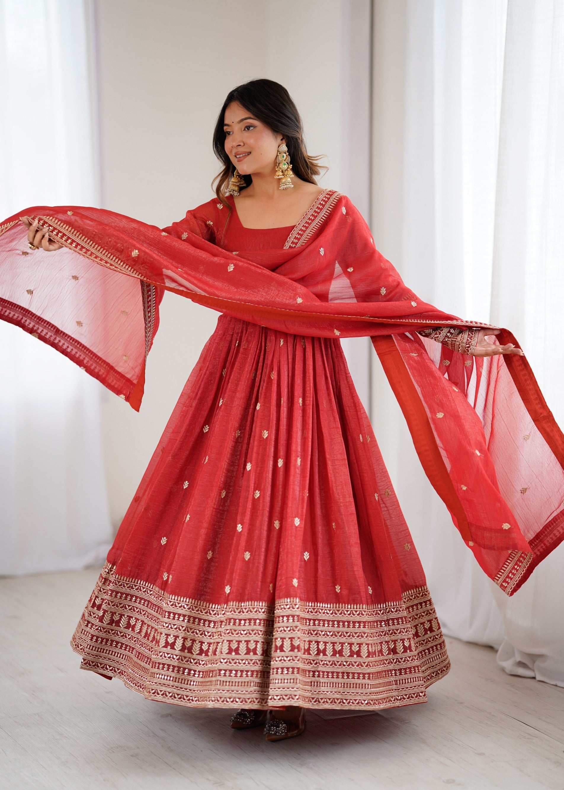 Lorenvalley Fashion Rust Crunchy Silk Embroidery Jari and Sequence Work Anarkali Gown with Dupatta - Swadesiicart