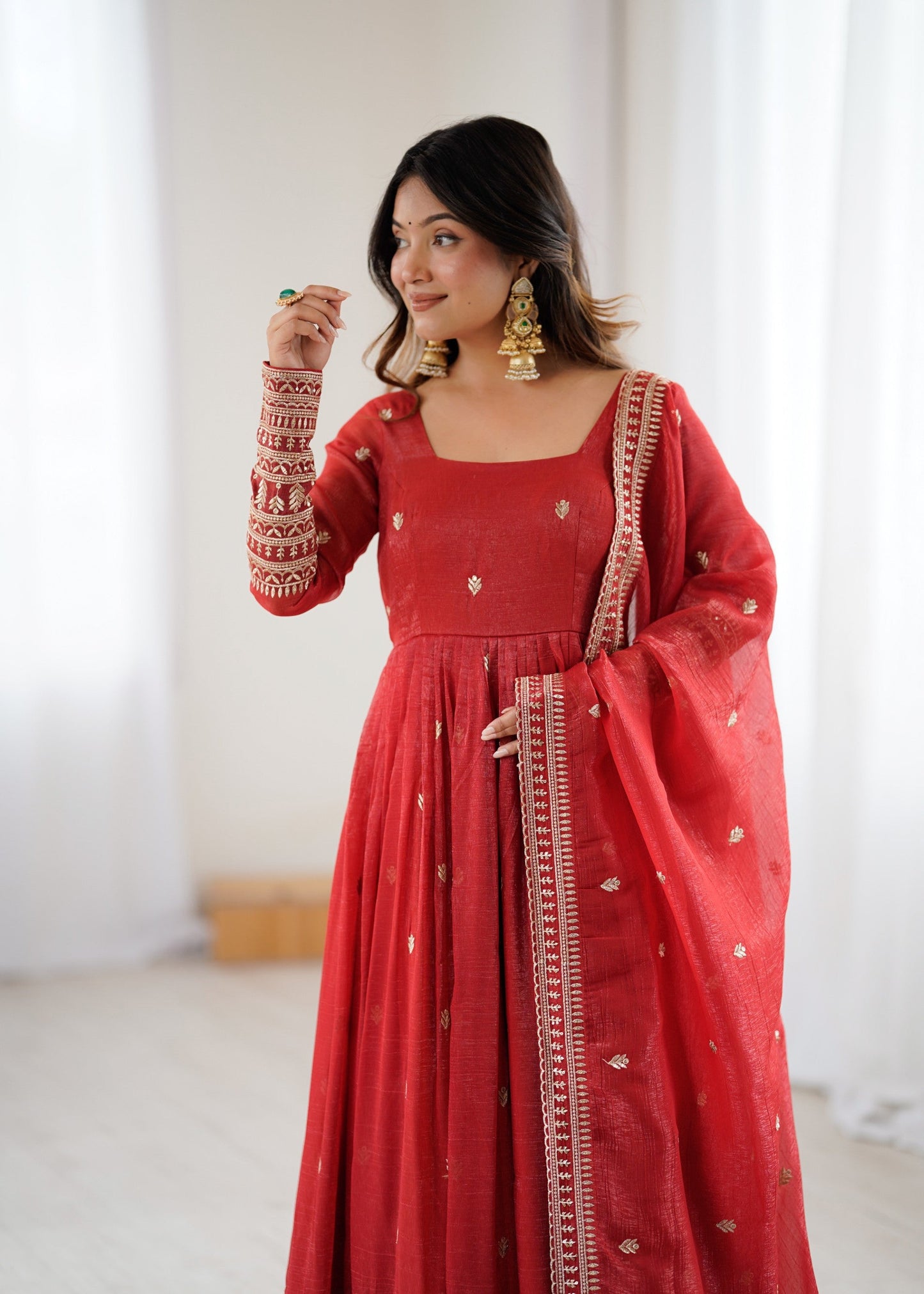 Lorenvalley Fashion Rust Crunchy Silk Embroidery Jari and Sequence Work Anarkali Gown with Dupatta - Swadesiicart