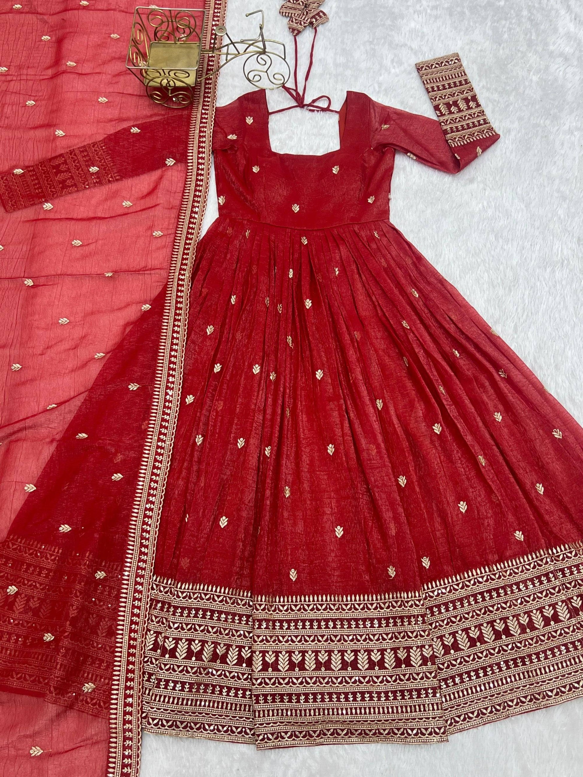 Lorenvalley Fashion Rust Crunchy Silk Embroidery Jari and Sequence Work Anarkali Gown with Dupatta - Swadesiicart