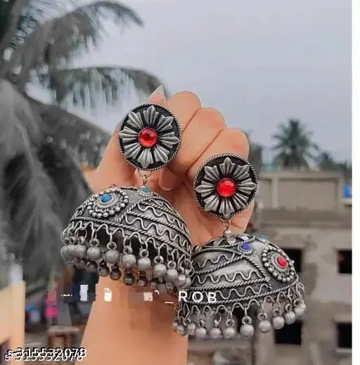 Tehzeeb Creations Women's Oxidised Bareilly Wali Jhumki With Multi Kundan | Swadesiicart