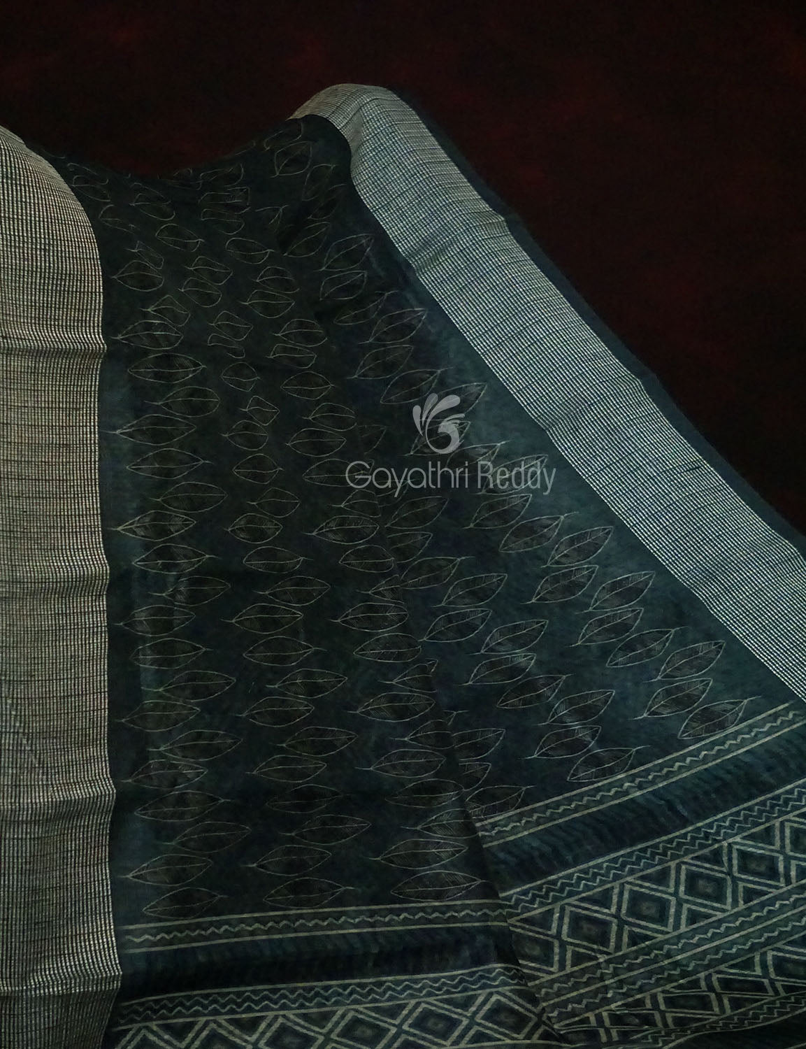 Grey Mixed Indigo Blue Colour Block Print Semi Chanderi Saree By Gayathri Reddy Designer Studio | Swadesiicart