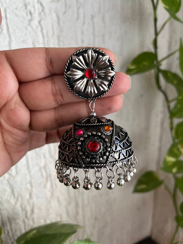 Tehzeeb Creations Women's Oxidised Bareilly Wali Jhumki With Multi Kundan | Swadesiicart