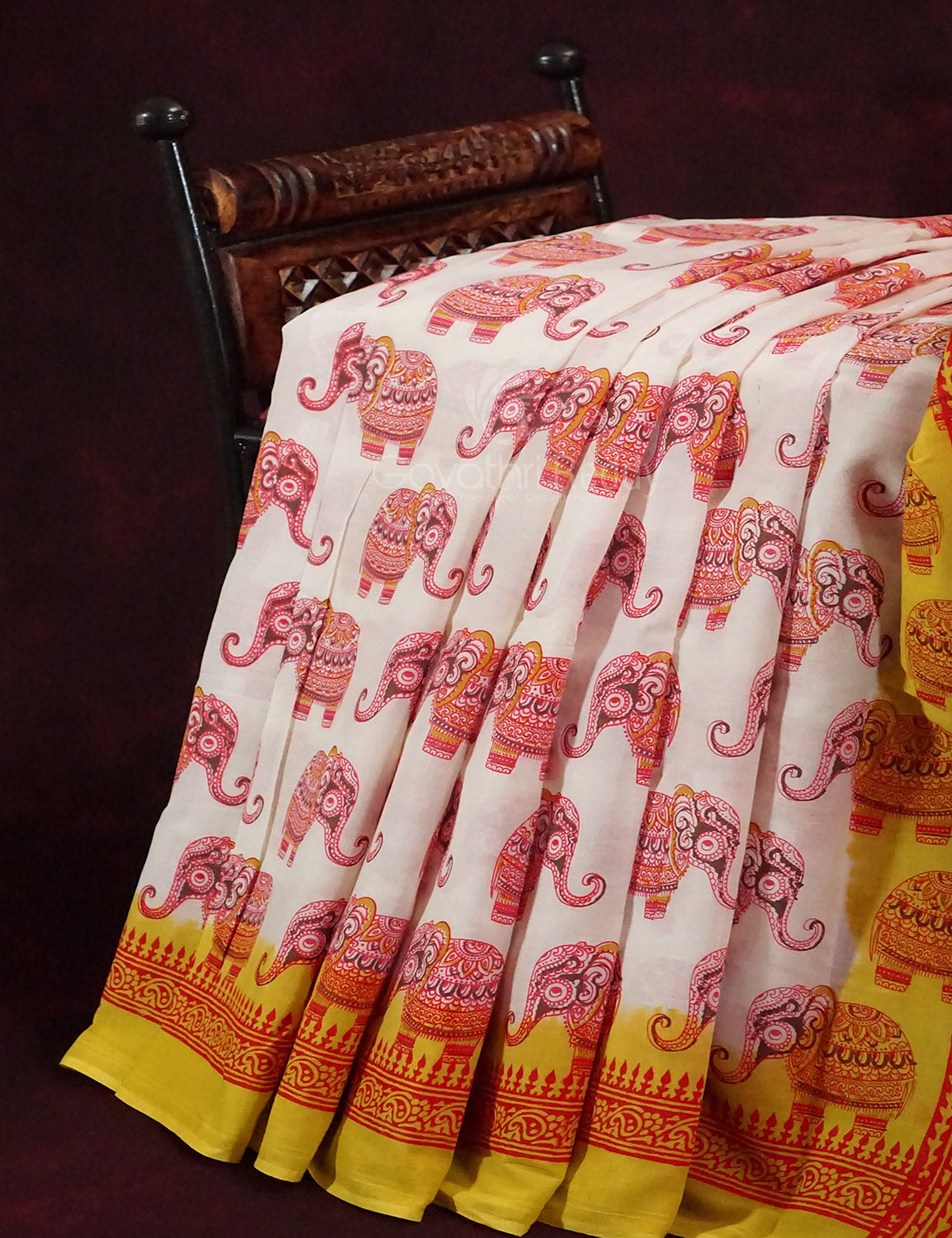 White Colored Elephant Block Print Pure Mulmul Cotton By Gayathri Reddy Designer Studio | Swadesiicart