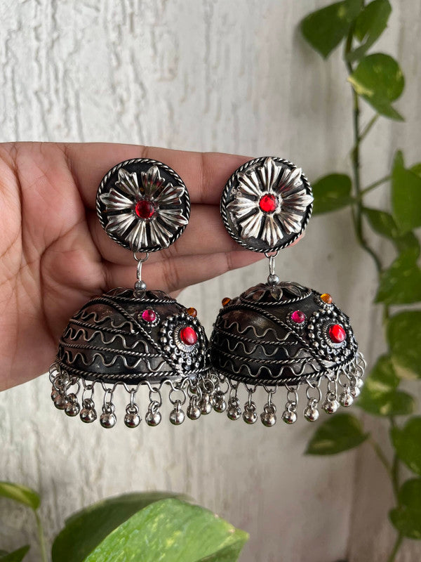 Tehzeeb Creations Women's Oxidised Bareilly Wali Jhumki With Multi Kundan | Swadesiicart