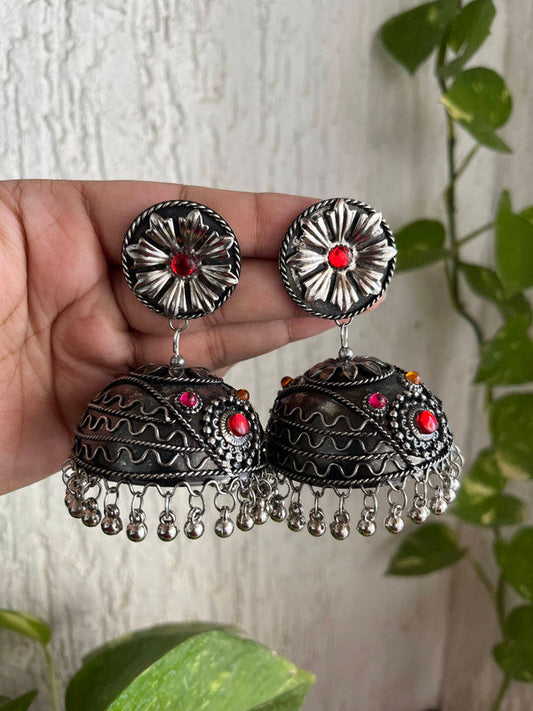 Tehzeeb Creations Women's Oxidised Bareilly Wali Jhumki With Multi Kundan | Swadesiicart