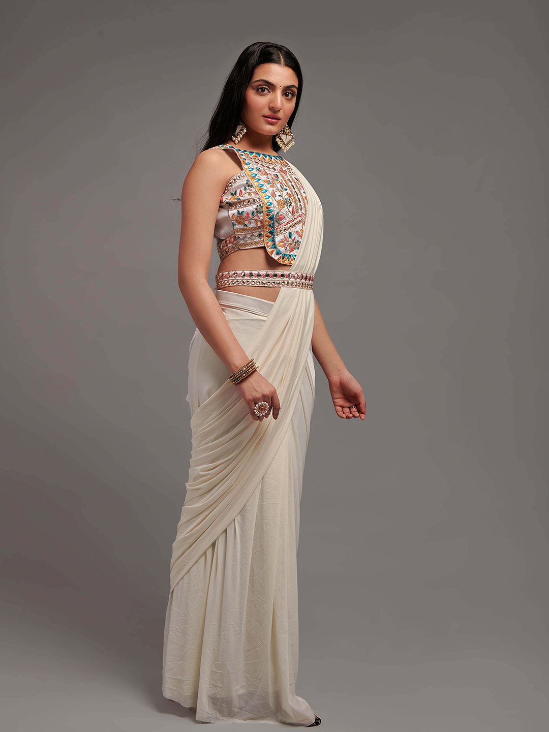 Kalini Embroidered Ready to Wear Saree With Semi Stitched Blouse | Swadesiicart