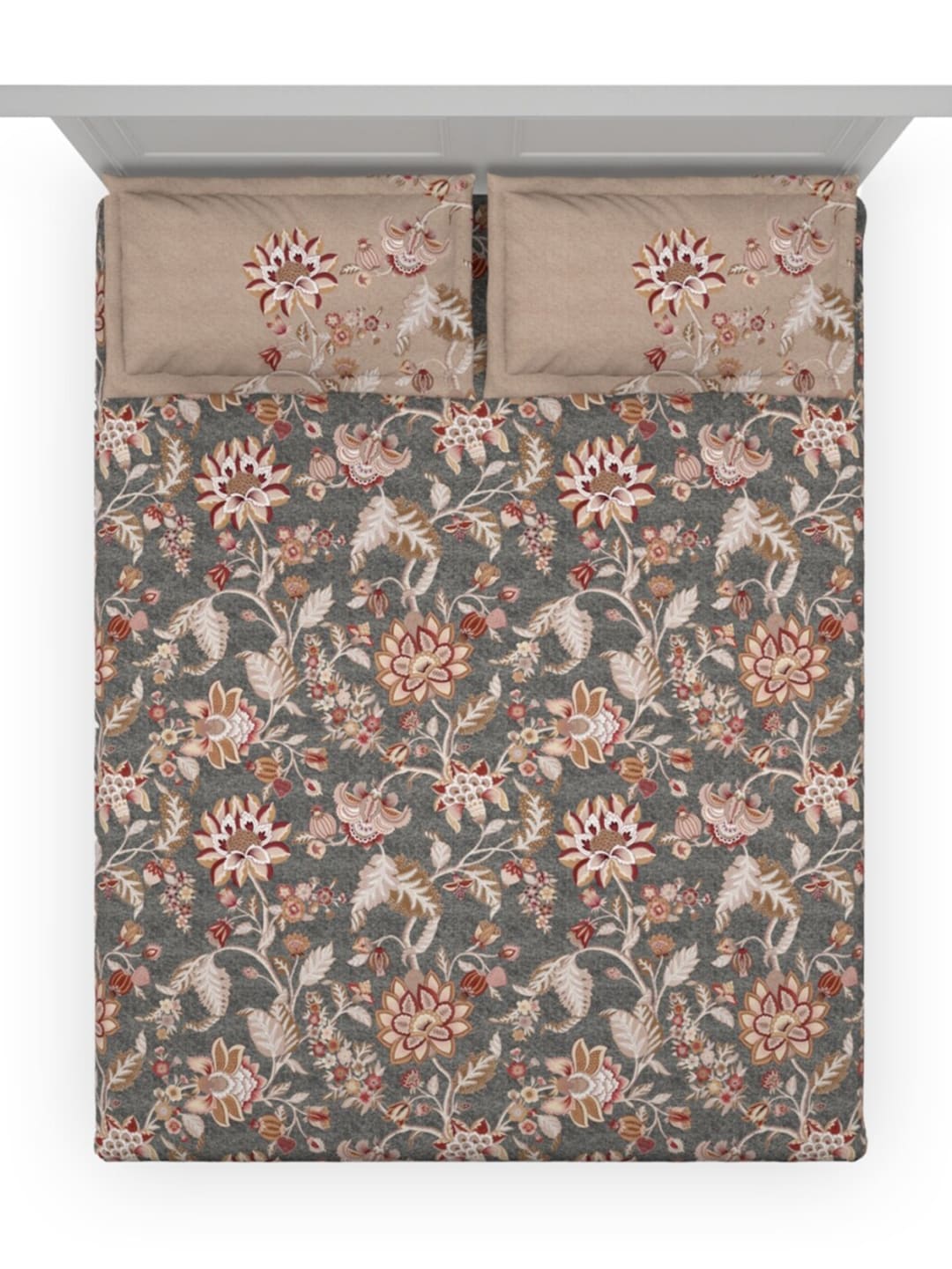 DDecor Grey & Maroon Ethnic Motifs 140 TC Cotton Queen Bedsheet with 2 Pillow Covers - Swadesiicart
